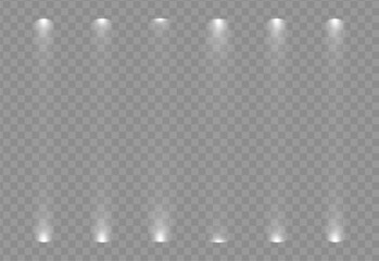 Poster - Modern spotlight ray studio png scene. Transparent lamp beam cinema effect. Club empty stage glow. Projector festive vector illustration