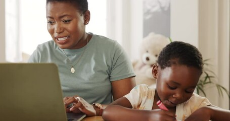 Poster - Work from home, high five and mother with african child for productivity, support and education achievement with laptop, drawing book and learning. Black family mom and goal sign for teaching success