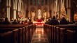 Weihnachten und Heiligabend in der Kirche: Christmette, Heiligabendmesse und festlicher Gottesdienst in einer geschmückten Kirche mit einem Weihnachtsbaum und Gläubigen auf den Kirchenbänken