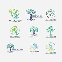 Wall Mural - Flat vector set of life logo templates with silhouettes of human and green leaves. Abstract emblems for yoga studio, wellness and medical care center