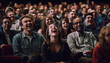 Young adults smiling, sitting in a large group, watching a movie generated by AI