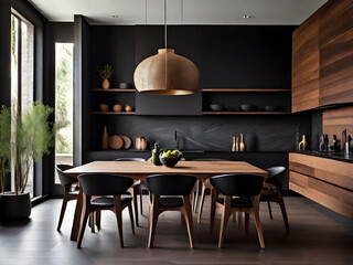 large kitchen room with modern interior design with wood table and chairs for home against the background a dark classic wall, Generative AI