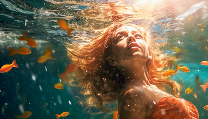 Wall Mural - A young woman enjoys underwater fun, smiling in nature beauty generated by AI