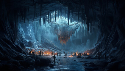 Wall Mural - Dark mountain night, mystery water landscape, men winter snow ice generated by AI