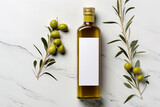 Fototapeta  - Mock up with plump green olives and bottle of premium olive oil