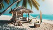 Pristine Beach Cabana with Hammock, Surfboards, and Tropical Drinks Cooler