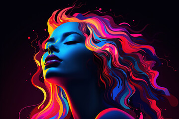 Minimalist neon lit psychedelic female illustration in bright colors against a black background.
