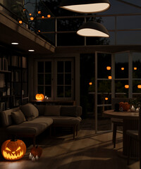 Wall Mural - Interior design of a modern dark living room at night in a Halloween theme with scary pumpkin lamps.