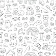 © Натали Осипова - Pet shop doodles, pets toys seamless pattern with cartoon elements for wallpaper, scrapbooking, wrapping paper, decor, packaging, stationary, etc. EPS 10