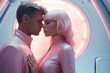 Couple of futuristic fashion models kissing. Love creative concept on pastel pink blue background. Valentine's day