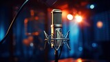 Fototapeta  - Studio condenser microphone. Microphone on anti-vibration live recording with side view colored light background. microphone record, music business equipment. Generative AI