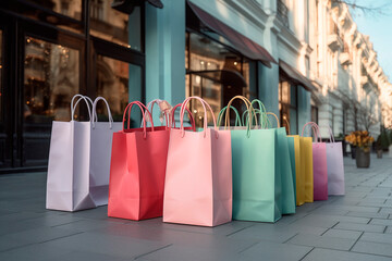 many colorful shopping bags in the citty on the street, outdoor