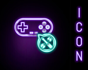 Poster - Glowing neon line Gamepad with screwdriver and wrench icon isolated on black background. Adjusting, service, setting, maintenance, repair, fixing. Colorful outline concept. Vector
