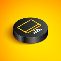 Poster - Isometric line Computer monitor screen icon isolated on yellow background. Electronic device. Front view. Black circle button. Vector