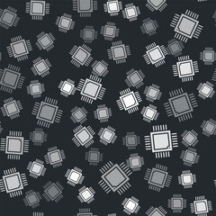 Poster - Grey Computer processor with microcircuits CPU icon isolated seamless pattern on black background. Chip or cpu with circuit board. Micro processor. Vector