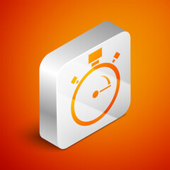 Sticker - Isometric Stopwatch icon isolated on orange background. Time timer sign. Chronometer sign. Silver square button. Vector