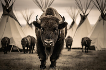Wall Mural - wildlife photography, Buffalo Herd among Teepees of the Blackfoot Tribe, ultra realistic, monochrom,