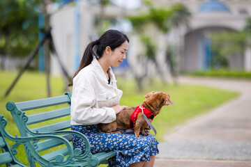 Poster - Woman go out with her dog at park