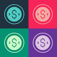 Poster - Pop art Coin money with dollar symbol icon isolated on color background. Banking currency sign. Cash symbol. Vector