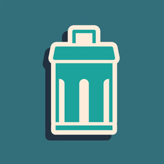 Sticker - Green Trash can icon isolated on green background. Garbage bin sign. Recycle basket icon. Office trash icon. Long shadow style. Vector