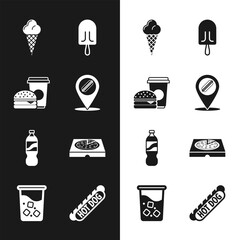 Canvas Print - Set Location with hotdog, Coffee and burger, Ice cream in waffle cone, Bottle water, Pizza cardboard box, Hotdog sandwich and Glass icon. Vector