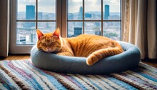 An Orange Cat Sleeping In A Basket Against A City Backdrop
