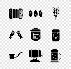 Sticker - Set Accordion, Pistachio nuts, Wheat, Smoking pipe, Wooden barrel rack, beer mug, Glass of and Signboard with glass icon. Vector