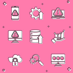 Poster - Set Mobile with exclamation mark, Arrow growth gear, Laptop, Monitor, Server, Data, Web Hosting, Pie chart infographic, Cloud computing lock and Magnifying glass and icon. Vector