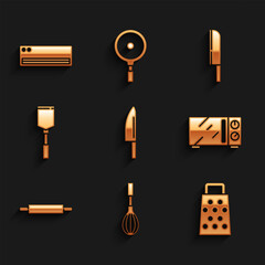 Poster - Set Knife, Kitchen whisk, Grater, Microwave oven, Rolling pin, Spatula, and Air conditioner icon. Vector