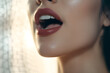 Close-up von Lippen einer jungen Frau, die in ein Mikrofon singt, erstellt mit generativer KI