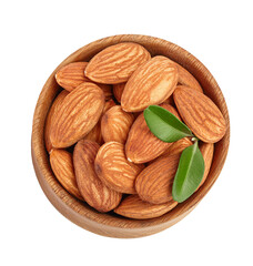Canvas Print - Almonds nuts with leaves in wooden bowl isolated on white background with clipping path and full depth of field. Top view. Flat lay.