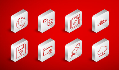 Poster - Set line Network cloud connection, Folder tree, Open in new window, UFO flying spaceship, Rocket with fire, Moon and stars, Unknown directory and document icon. Vector