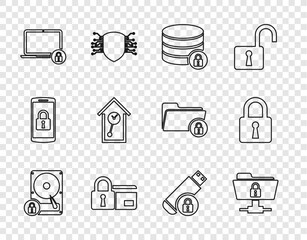 Poster - Set line Hard disk drive and lock, FTP folder, Server security with, Credit card, Laptop, Retro wall watch, USB flash and Lock icon. Vector