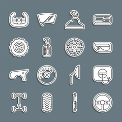 Sticker - Set line Steering wheel, Oil filler cap at gas station, Car door handle, Gear shifter, Sport steering and brake disk with caliper icon. Vector