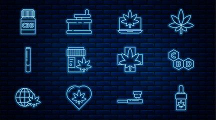 Poster - Set line Marijuana or cannabis olive oil, Cannabis molecule, Laptop and marijuana, Medical bottle with, joint, leaf and Manual grinder icon. Vector