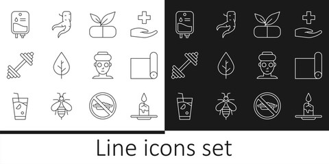 Poster - Set line Aroma candle, Fitness mat roll, Medical pill with plant, Leaf, Dumbbell, IV bag, Facial cosmetic mask and Ginger root icon. Vector