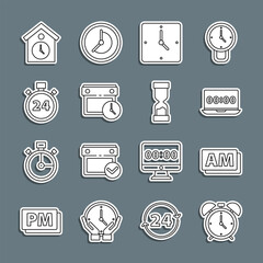 Poster - Set line Alarm clock, Clock AM, on laptop, Calendar and, Stopwatch 24 hours, Retro wall and Old hourglass icon. Vector
