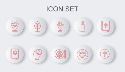 Sticker - Set line Christian cross, Jewish torah book, Star of David, Hands in praying position, Yin Yang and Dharma wheel icon. Vector