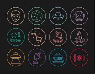 Poster - Set line Cosmic ship, Rocket, UFO flying spaceship, Great Bear constellation, Mars rover, Alien, and Planet icon. Vector