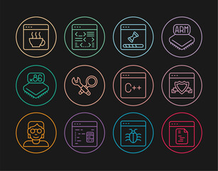Set line Software, Browser with shield, Loading data window, Debugging, Processor microcircuits CPU, and icon. Vector
