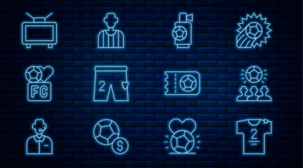 Poster - Set line Football jersey and t-shirt, Soccer football, Air horn, Shorts for playing, Fan club, match on TV, soccer ticket and referee icon. Vector