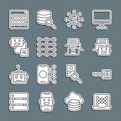 Poster - Set line Neural network, Binary code, Chat bot, Artificial intelligence robot, and icon. Vector
