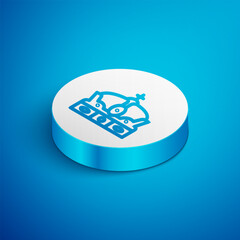 Sticker - Isometric line Crown of spain icon isolated on blue background. White circle button. Vector