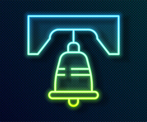 Sticker - Glowing neon line Liberty bell in Philadelphia icon isolated on black background. Vector