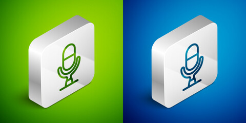 Sticker - Isometric line Microphone voice device icon isolated on green and blue background. Microphone interpreter and alphabet letters. Silver square button. Vector