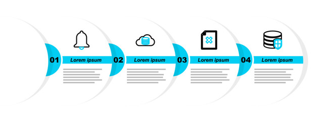 Poster - Set line Database protection, Delete file document, Cloud database and Ringing bell icon. Vector