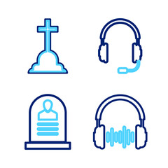 Poster - Set line Headphone and sound waves, Tombstone with RIP written, Headphones microphone and cross icon. Vector