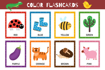 Poster - Basic colors flashcards collection for kids. Flash cards set for practicing reading skills. Learn food vocabulary for school and preschool. Red, blue, yellow and more. Vector illustration