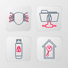 Poster - set line retro wall watch, usb flash drive with lock, ftp folder and and cyber security icon. vector