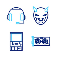 Poster - set line video graphic card, retro arcade game machine, mask of the devil with horns and headphones 